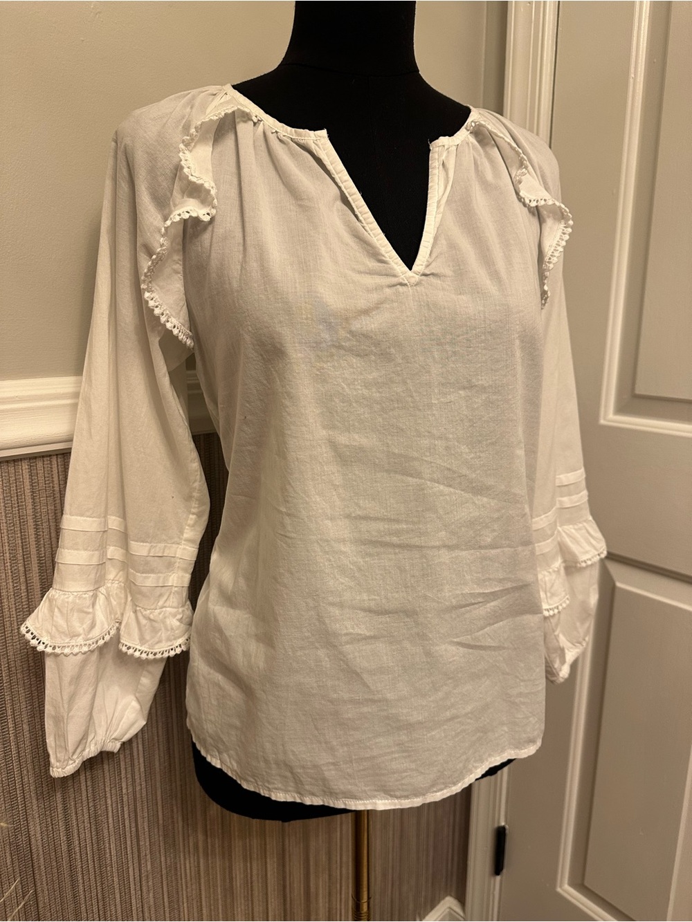 J.Crew XXS White Cotton Ruffle Pom Trim Peasant Blouse Boho Top